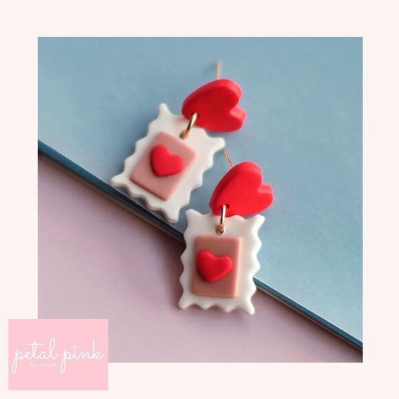 Red Heart Polymer Clay Drop Earrings Love - Picture 1 of 3